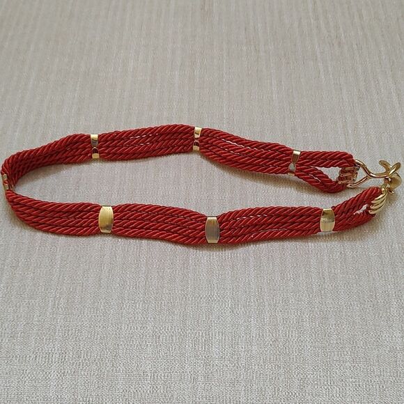 Red Braided Rope Belt with Gold Hook Closure - Picture 7 of 8